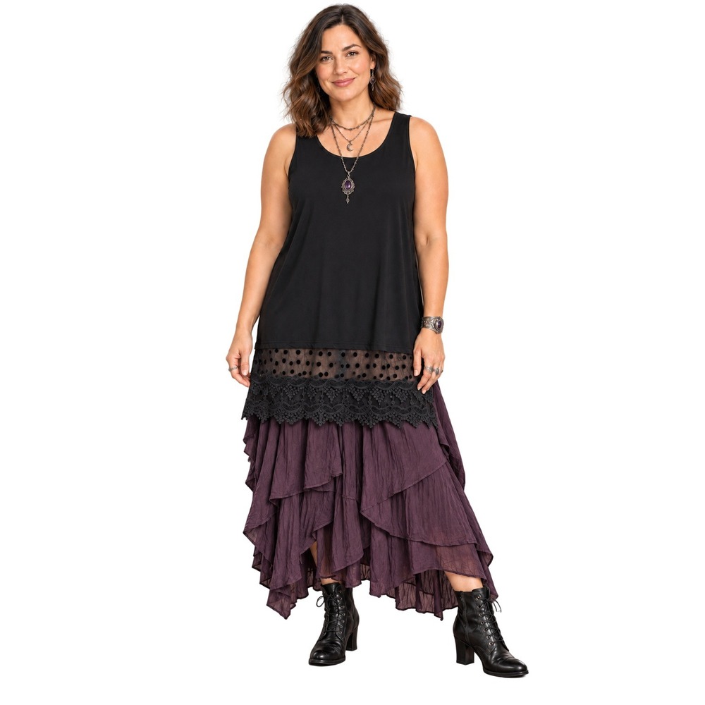 Dalin Tank Dress Mesh Lace Hem Black Women L Whimsigoth Boho Layering Tunic